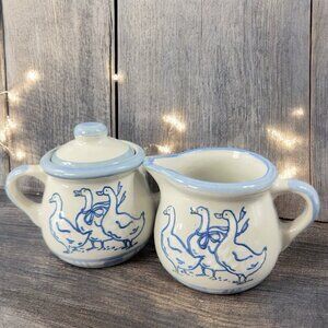 LOUISVILLE Stoneware Sugar Bowl Creamer Set Gaggle of Geese Pottery Set 2 USA